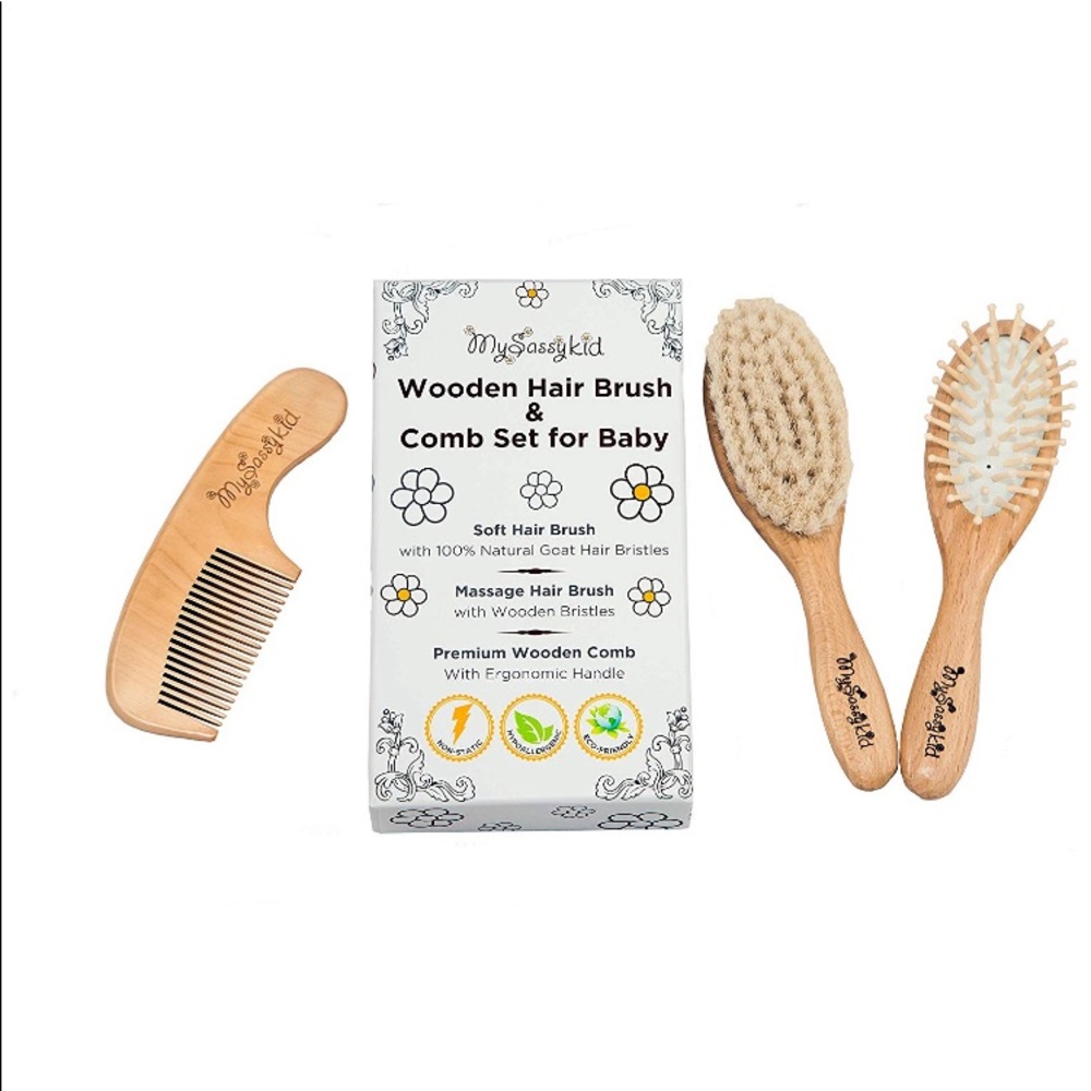 Premium Wooden Baby Hair Brush and Comb Set